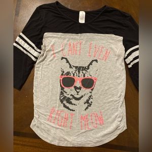 Juniors Size Medium Messy Buns Lazy Days 3/4 Length Sleeve Cat Design